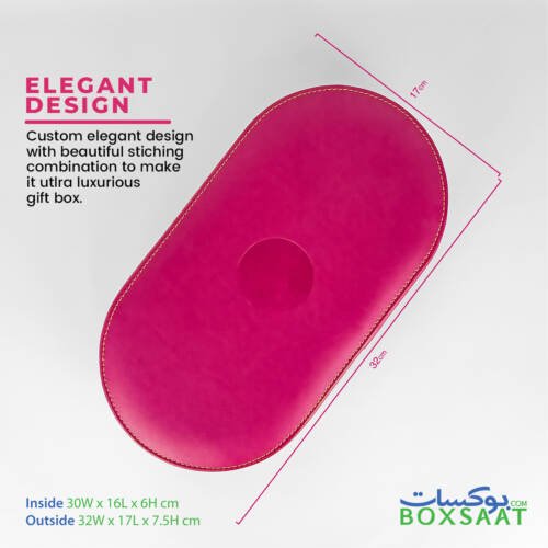Oval Shape PU Leather Box - Hand Stitched With Velvet Inside - 30W x 16L x 6H 2 PU leather pink color gift box outside dimensions