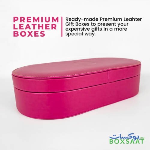 Oval Shape PU Leather Box - Hand Stitched With Velvet Inside - 30W x 16L x 6H 11 ready-made leather box - hot pink color - hand-stiched - suede inside