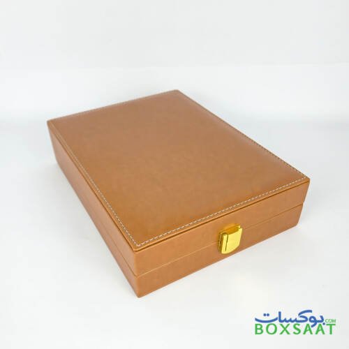 Brown Color PU Leather Box - Small Size - 21.5Lx15.5Wx(2+2)H 3 PU Textured Leather Gift Box With Hand Stitching On Top and Shiny Golden Locks