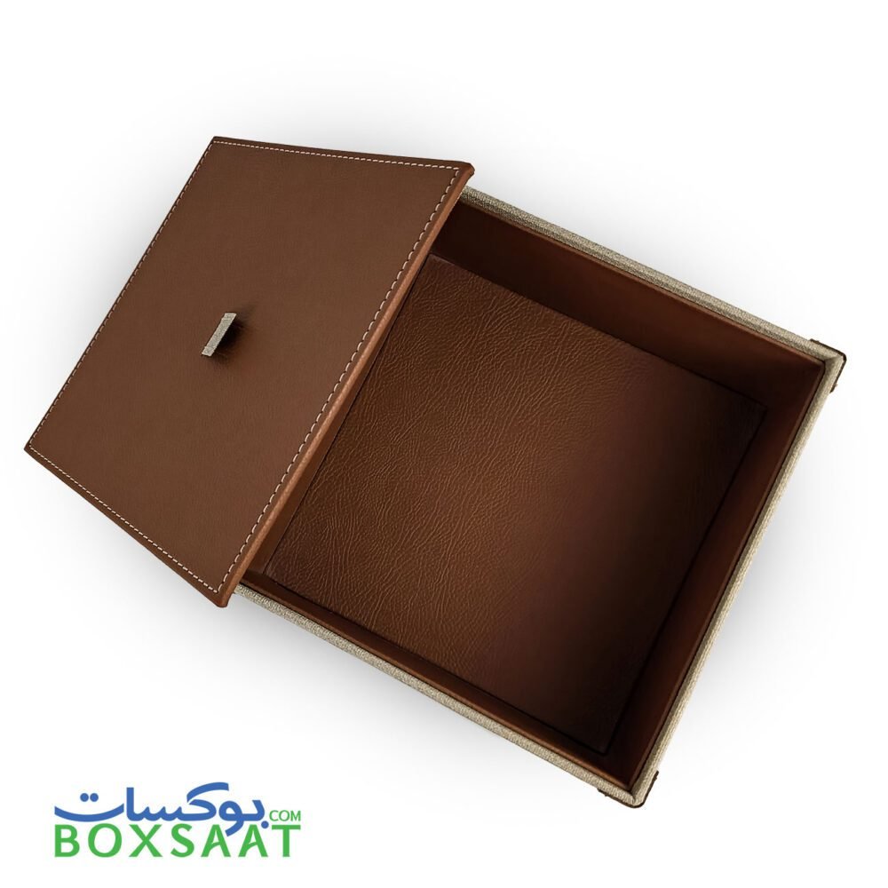 Top view of Brown Color PU Leather Gift Box with Lid open