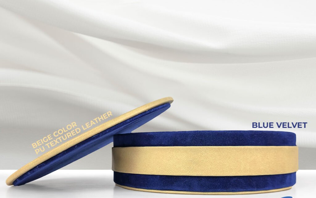 PU Beige Leather With Blue Velvet Round Box Small Size Luxury Leather Boxes-Luxury Gift Box Design