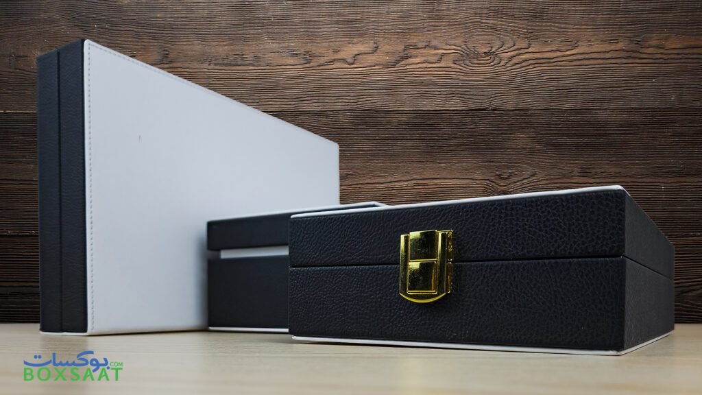 Faux Leather Gift Box | Elegant & Customizable Packaging UAE 1 beautiful faux leather black and white color gift box for this eid gifts-Faux Leather Gift Box-