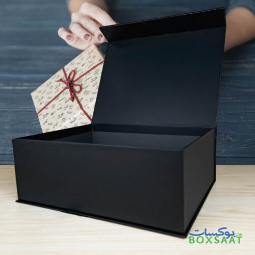 Magnetic Gift Box - Front Half Flap - 25.5Lx33Wx12H cm 4 Magnetic Gift Box Half Front Flap Black Color Open