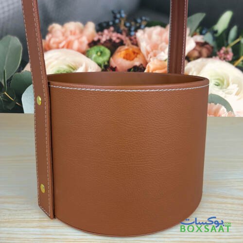High Quality PU Brown Leather Luxury Flower Box - 20Lx20Wx44H cm 4 luxury hand stitched flower gift box-Round Leather Gift Box