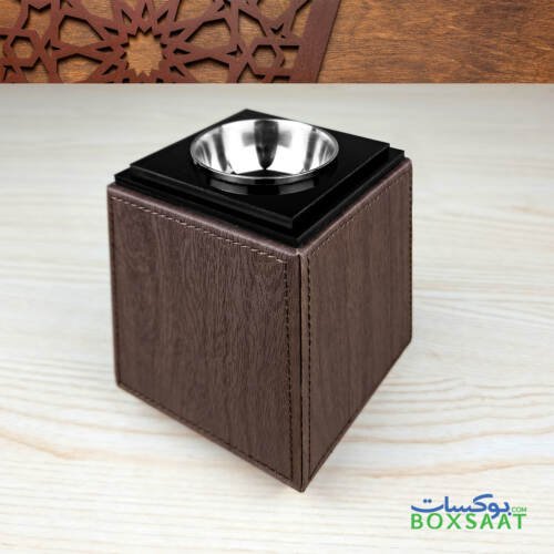Luxury Bakhoor Burner - Oud Burner - Wooden PU Leather 4 top perspective view of wooden texture PU leather