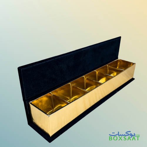 black velvet box for 6pcs chocolate gifts open divider view
