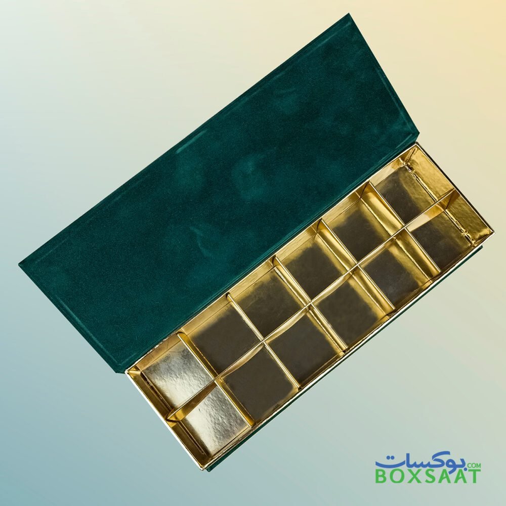 green velvet 12pcs chocolate box top open view with center gold cup