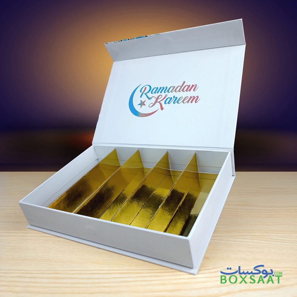 ramadan gift box uae for sweets and dates gift gold divider inside