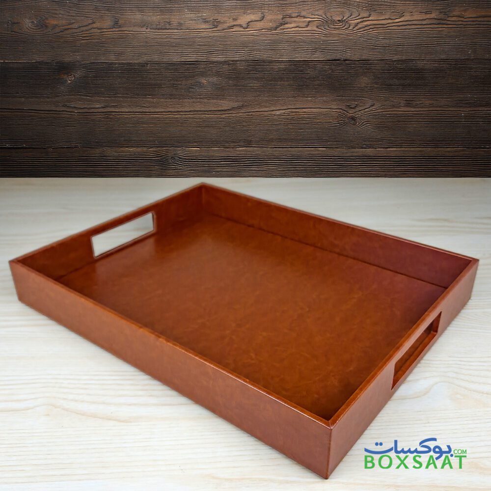 pu leather made table tray with classic style brown color leather