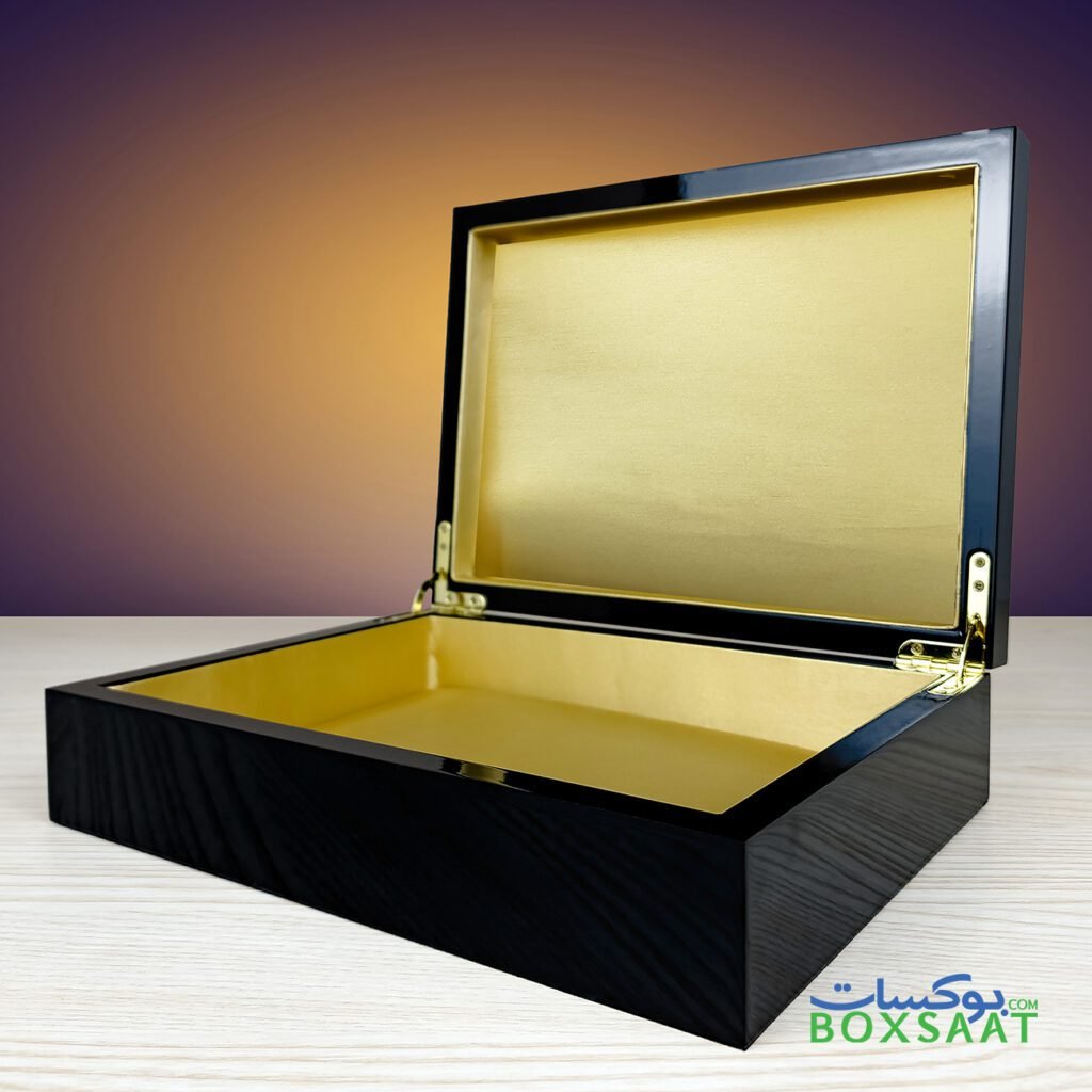 Luxury Gift Box Design in UAE – Custom Packaging by Boxsaat 1 open view of black color wooden box for luxury jewellery gifting-luxury gift box design