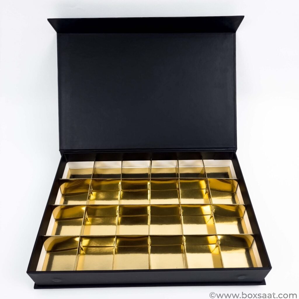 Chocolate Gift Box Dubai – Premium Custom Packaging by Boxsaat 1 Chocolate Box - Magnetic Flap Model - Black Colors- 24pcs-chocolate gift box Dubai