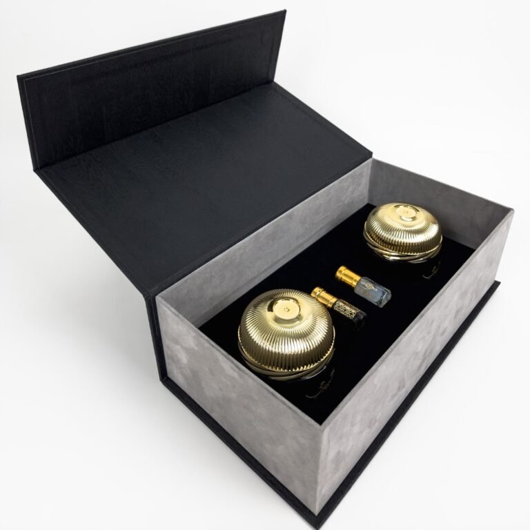 two oud bakhoor jar and two attar oil set with black and gray leather box Luxury Leather Box and PVC leather boxes