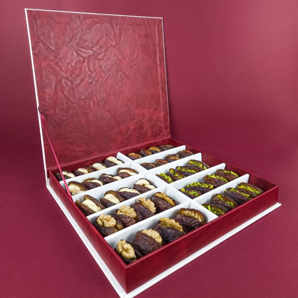white and red leather box with 10 dividers with filled dates