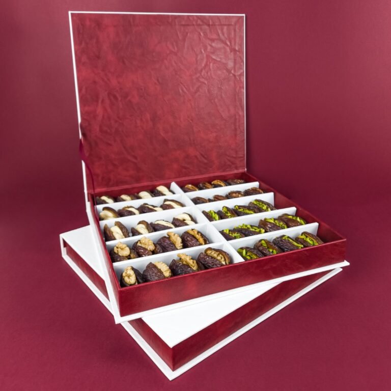 white and red leather box with 10 dividers with filled dates