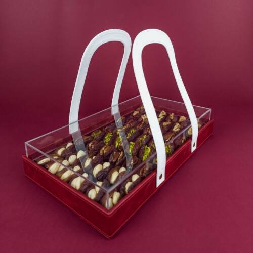 VIP PU Leather Dates Tray - With Acrylic Lid & Leather Handle 2 red leather tray with white handle and acrylic lid with filled dates