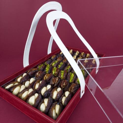 dates tray with white handle and acrylic lid with filled dates