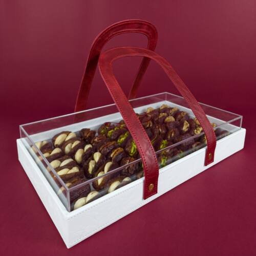 VIP PU Leather Dates Tray - With Acrylic Lid & Leather Handle 4 white leather tray with maroon handle with filled dates