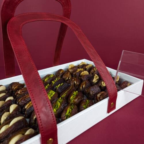 VIP PU Leather Dates Tray - With Acrylic Lid & Leather Handle 3 white leather tray with maroon handle with filled dates
