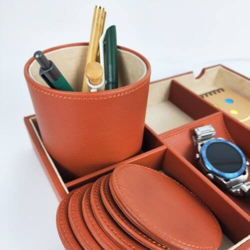 PU Leather Multipurpose Desk Organizer - 5 Compartments 3 leather desk organizert