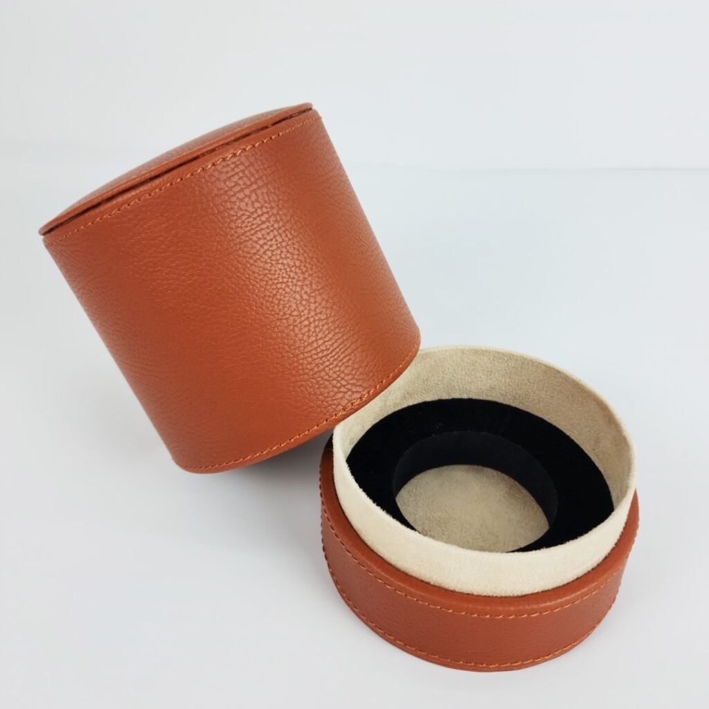 Round Leather Gift Box | Luxury Circular Packaging by Boxsaat 1 PU leather perfume box-Round Leather Gift Box