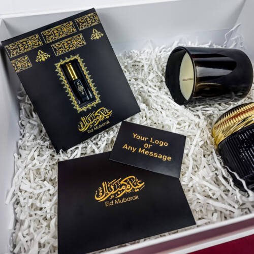 islamic gift box fragrance candle , oud bakhoor and attar oil with white box customizable - Nuts and Dates as Eid Gifts